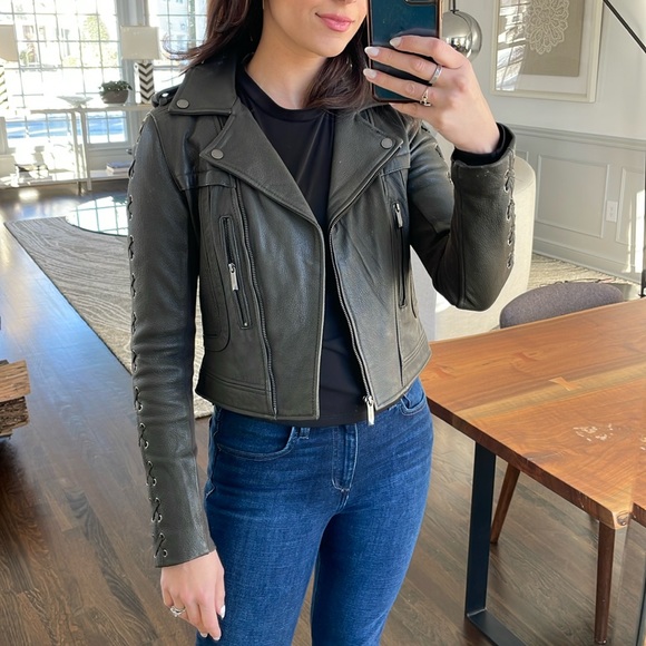 BCBG MaxAzria Genuine Leather Olive Coat with Lace Up XXS - Picture 2 of 16